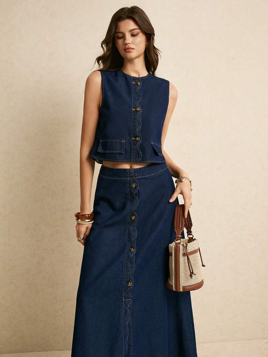 Poéselle Navy Blue Summer Casual Everyday Women's Two-Piece Denim Set,Single-Breasted Sleeveless Vest And Midi Skirt,Elegant Y2k Festival Holiday Outfit