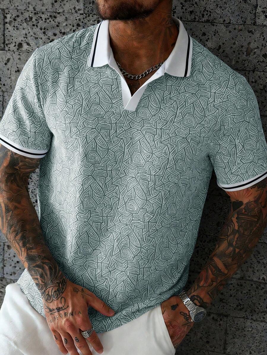 Manfinity Homme Áo Polo nam màu xanh dương, cổ chữ V, họa tiết hình học, viền tương phản - màu xanh lá - Xem 1