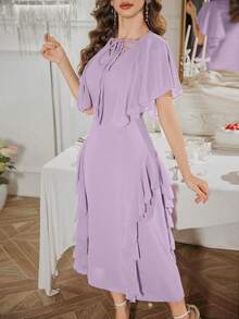 Modelyn French Design Ruffle Sleeve Tie-Front Dress - Purple - View 4