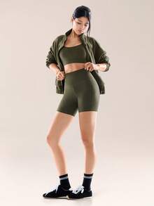 GLOWMODE 6" FeatherFit™ Flex Biker Shorts With Side Pockets Low Impact Yoga Pilates Daily - Army Green - View 7
