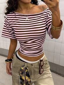 StreetHx Women's Fashionable Multi-Color Striped Asymmetrical Shoulder Casual T-Shirt - Multicolor - View 4