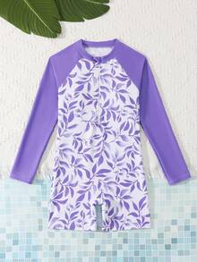 SHEIN 少女树叶印花长袖连体泳衣，适合海滩度假、泳池派对、沙滩派对 - 白色 - 查看 6