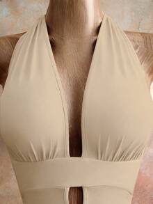 Mistrie Women's Sexy Solid Color Backless Halter Mini Dress, Summer - Apricot - View 5