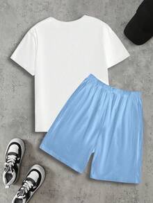 SHEIN Set de 2 piezas para niño preadolescente con camiseta de cuello redondo de manga corta y pantalones cortos con bolsillos - Multicolor - Ver 2