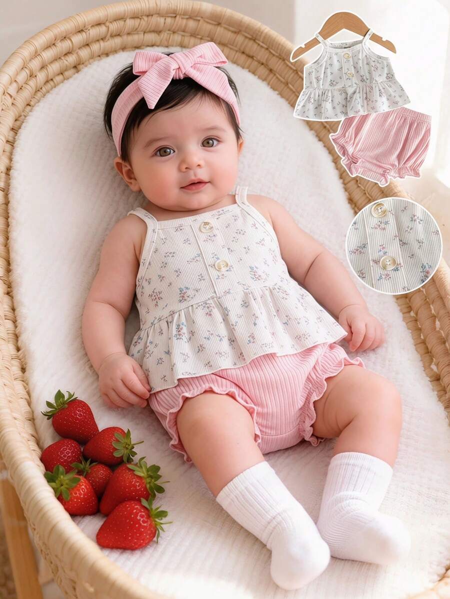 SHEIN Conjunto de body y diadema con estampado lindo y triángulos para bebé niña recién nacida en verano