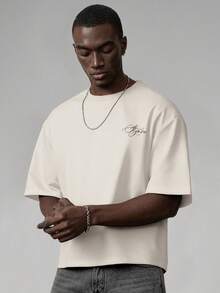 STYNVO Camiseta casual de cuello redondo de manga corta con estampado de letras para hombre - Albaricoque - Ver 2