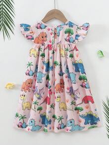Elladie kids 小女孩卡通恐龙印花可爱连衣裙 - 粉色 - 查看 2
