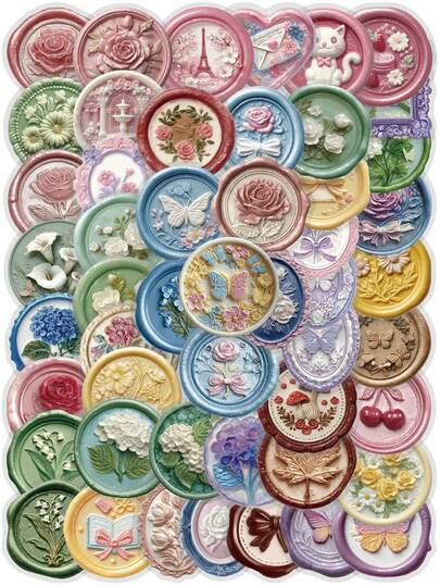 MINKOJA MINKOJA 50PCS Relief Seal Stickers Embossed Vintage Craft Decals 3D Texture Art Aesthetic Vinyl Set For Adults Stationery Lovers For Scrapbooking Journaling Letter Envelope Card Making Diary Notebook Planner Album Gift Wrapping Package Box Decor