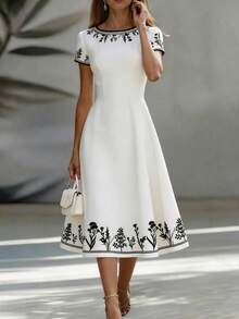 EMERY ROSE Spring & Summer Casual Waist Cinched A-Line White Printed Dress For Women - White - View 3