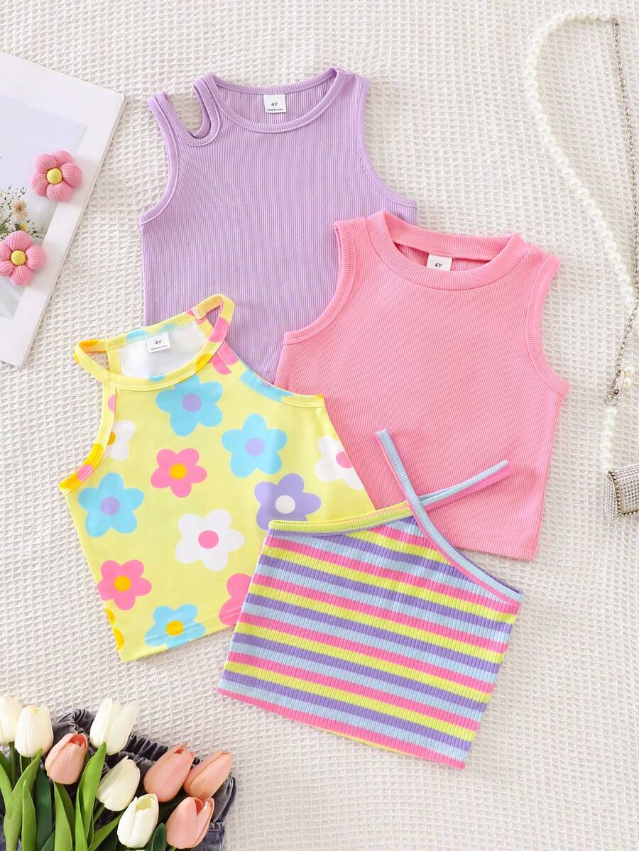SHEIN Genkimix Kids 4件套 女童夏季休闲纯色吊带背心,带花卉条纹印花露背领口上衣 - 彩色 - 查看 1