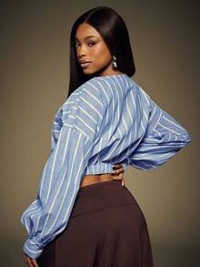 Denimoi Asymmetrical Neckline Stripe Shirt Fashionable Office Wear Brunch Outfits Spring Summer Tops - Blue - View 5