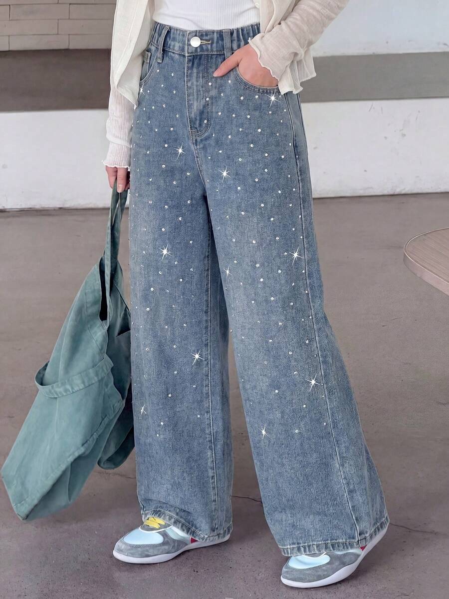 ChillGRL Quần jeans nữ phong cách Y2K đính đá, quần jean ống loe rộng rãi, thời trang, chất liệu denim mềm mại. - Màu xanh lam - Xem 1