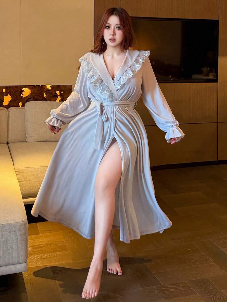 Dazy Plus Lace Patchwork Long Robe, Elegant Sleepwear, Plus Size Women, Spring/Summer/Autumn