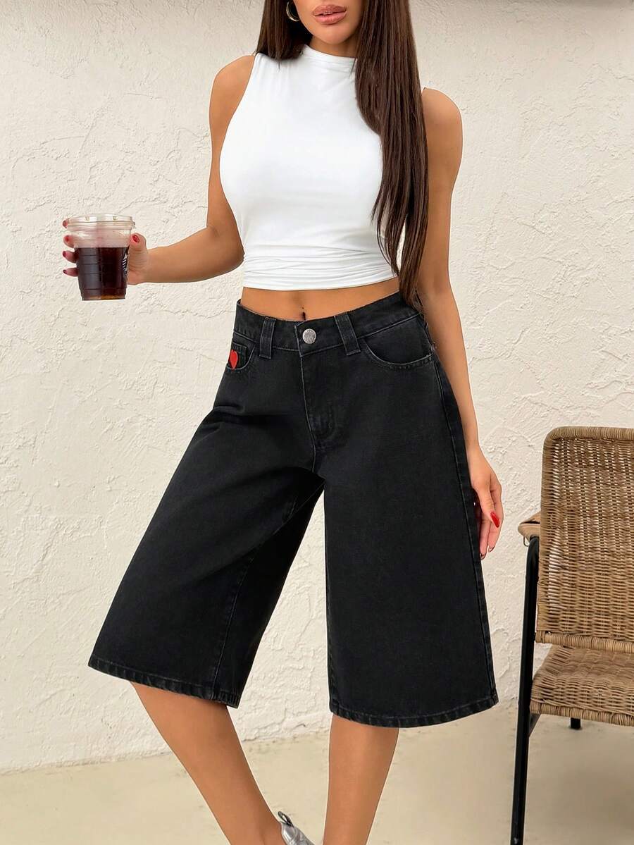 SHEIN Low Waist Regular Fit Black Wash Casual Style Button Front Denim Jort - Black - View 1