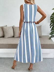 Vestido de mujer de cuello redondo sin mangas de unicolor, casual y de oficina, con cintura ceñida y bajo con abertura, vestido largo - Multicolor 3 - Ver 2