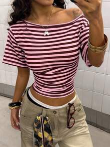 StreetHx Women's Fashionable Multi-Color Striped Asymmetric Neck Casual T-Shirt - Multicolor - View 4