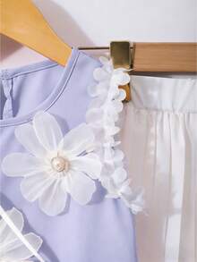 Summer 7th Birthday Toddler Girls' 2pcs/Set Sleeveless Tank Top With Ruffle Trim & Floral Decor,White Wide Leg Pleated Pants Loose Clothing Sets - Purple - View 4