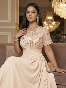 SHEIN Lady CURVE Đầm dài đính sequin thêu tinh tế dành cho nữ cỡ lớn, thích hợp cho các buổi tiệc và liên hoan. - Màu Khaki - Xem 6