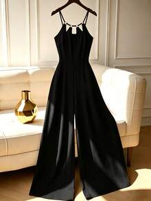 Elenzga Plus Size Women Casual Solid Color Cinched Waist Jumpsuit - Black - View 4