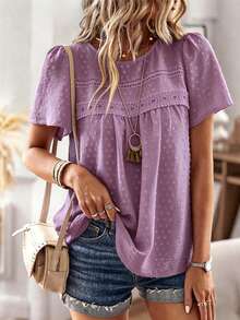 SHEIN Women's Contrast Lace Round Neck Short Sleeve Blouse - Purple - View 8