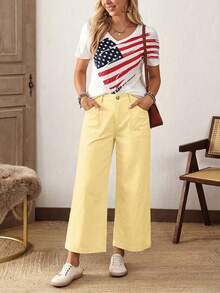 EMERY ROSE Plus Size Women Loose Fit Pockets Wide Leg Casual Jeans Holiday Vacation Light Yellow Summer - Yellow - View 5
