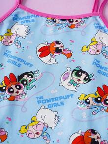 THE POWERPUFF GIRLS X SHEIN 女童字母卡通印花吊带背心和短裤休闲家居服套装 - 淺藍色 - 查看 4