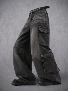 Manfinity Denimwave Quần Jeans Baggy Jeans Nam Màu Đen Thường Ngày Có Nhiều Túi Và Ống Rộng, Quần Cargo Dành Cho Chồng, Quà Tặng Bạn Trai Đi Chơi Đi Làm Đường Phố, Phong Cách Grunge - màu đen - Xem 3