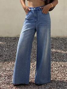 DAZY Pantalones vaqueros anchos y sueltos con lavado desgastado y brillante, pantalones casuales de verano para vacaciones para mujeres - Azul - Ver 4