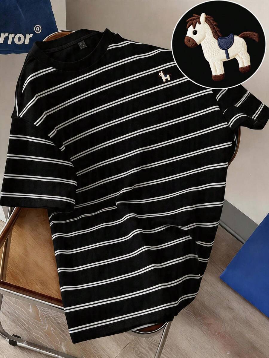 Manfinity Joysei Minimalist Cartoon Pattern Embroidered Logo Men's Black Washed Striped Short Sleeve T-Shirt, Suitable For Casual Daily Wear, Great Gift For Friends - Black - View 1