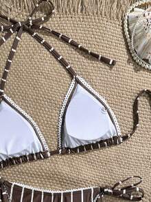 Swim Vcay Women's Brown Stripe Bikini Set, Summer Beach Vacation Holiday Casual Sexy 2 Pieces Swimwear With Lace Triangle Halter Neck Top Side-Tie Bottom - Multicolor - View 4