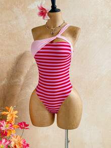 Soleia Women's Fashion Resort Beach Striped Contrast Color One-Piece Swimsuit - Multicolor - View 7