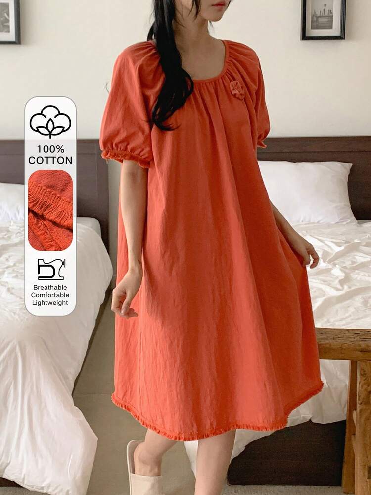 Women's 3D Floral Decor Round Neck Ruffle Casual Nightgown For Daily Wear