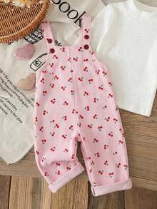 SHEIN Bộ áo liền quần in hình quả anh đào dễ thương cho bé gái - Hồng - Xem 4