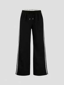 SHEIN Unity Pantalones informales con bloque de color y rayas, cintura tipo bolsa de papel - Negro - Ver 3