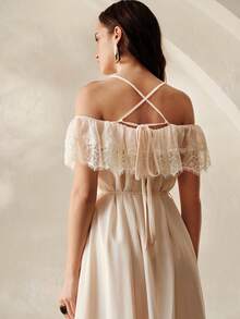 Aveloria Rosie Đầm maxi trễ vai thắt eo bằng ren chiffon màu mơ lãng mạn, gợi cảm, nhẹ nhàng cho buổi hẹn hò, đầm cưới thanh lịch, đầm dự tiệc sang trọng, phối ren kiểu Pháp cổ điển, đa năng cho kỳ nghỉ hè, dã ngoại và mặc thường ngày. - Màu be - Xem 7