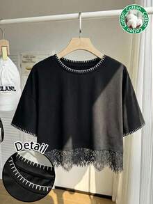 Comfortcana Loose Fit Plus Size Women's T-Shirt With Shell Embroidery, Black Short Sleeve Round Neck Lace Hem - Black - View 1