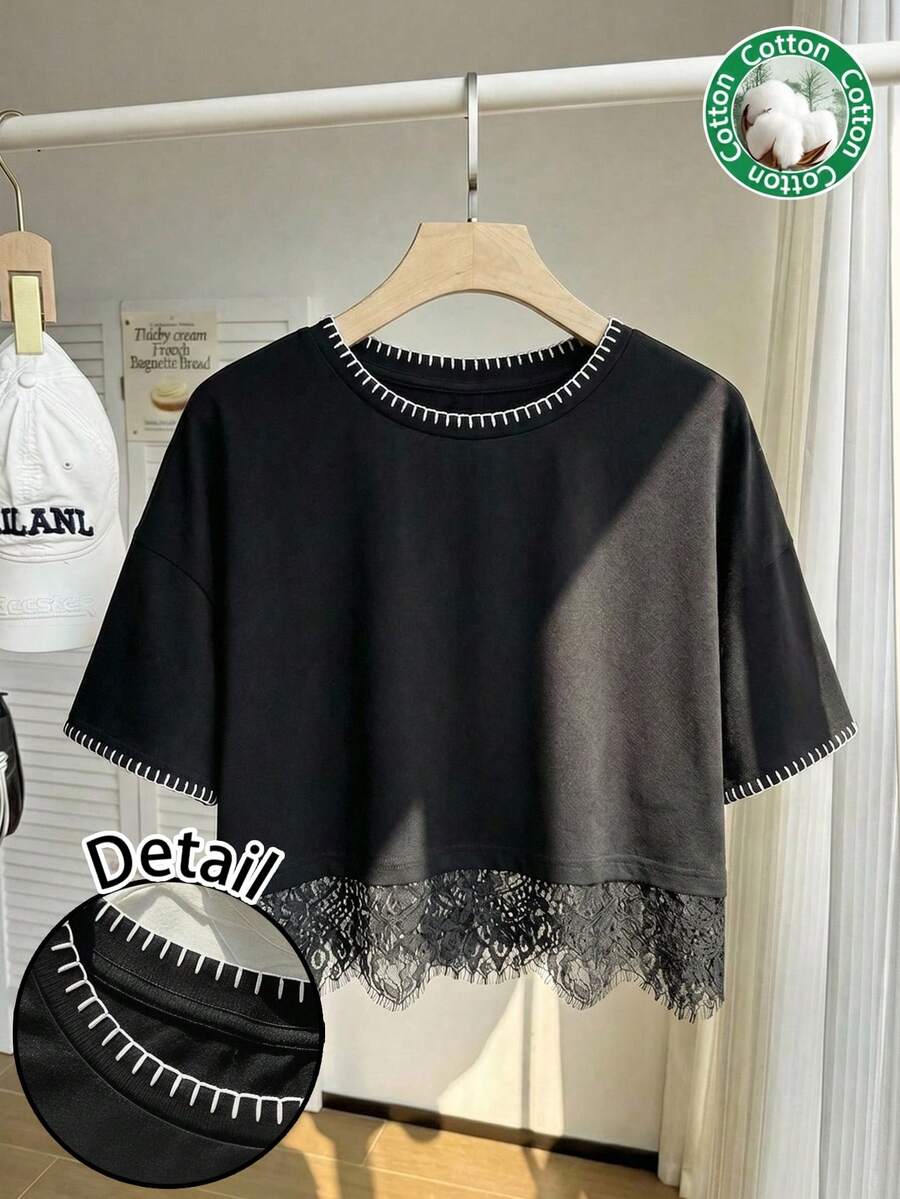Comfortcana Loose Fit Plus Size Women's T-Shirt With Shell Embroidery, Black Short Sleeve Round Neck Lace Hem - Black - View 1