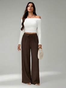 SHEIN Tall Loose Drawstring Waist Trousers In Textured Crinkle Fabric - Chocolate Brown - View 8