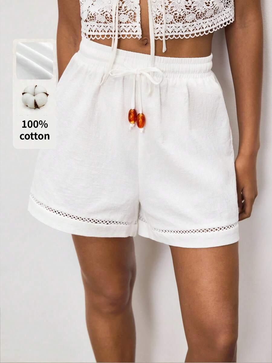 Maija Shorts de verano para mujer con detalle de cuentas y cintura con cordón - Blanco - Ver 1