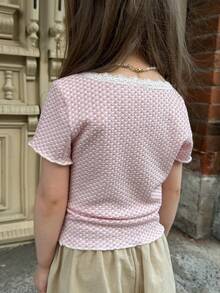 DAZY Áo croptop ôm sát cổ chữ V có viền bèo nhún, áo thun dễ thương cho bé gái (size nhỏ). - Hồng - Xem 2