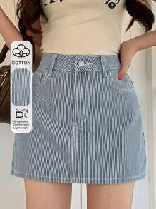 DAZY Chân váy denim ngắn dáng suông kẻ sọc kiểu dáng thường ngày dành cho nữ, thích hợp cho mùa hè. - Rửa nhẹ - Xem 1