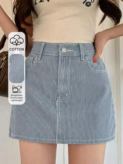 DAZY Chân váy denim ngắn dáng suông kẻ sọc kiểu dáng thường ngày dành cho nữ, thích hợp cho mùa hè.