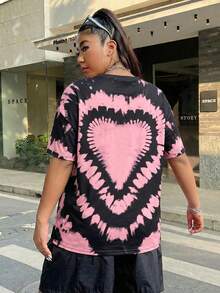 SHEIN EZwear 大码扎染爱心印花短袖T恤 - 黑色 - 查看 2