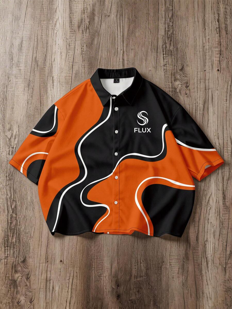 Manfinity Joysei Men's Casual Abstract Color Block Print Boxy Cropped Shirt, Suitable For Summer Outings - Orange - View 1