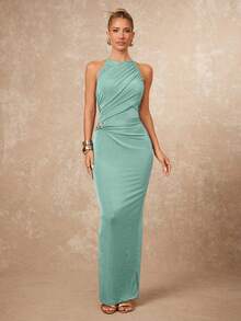 MSLumalex Vestido ajustado con cuello redondo fruncido, decoración de metal cruzada para mujer, lujoso, de nueva apariencia, de lujo tranquilo, para f - verde menta - Ver 5