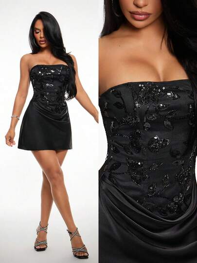 SHEIN x Luisa Sonza Radiana Seksowna, elegancka, wyjątkowa, haftowana koralikami, kwiatowa, siateczkowa sukienka mini w kolorze czarnym, idealna na zakupy, spotkania towarzyskie, wakacje, plażę, randkę, festiwal muzyczny, imprezę, urodziny, ukończenie szkoły, ślub