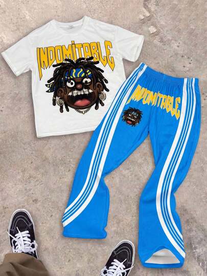 2pcs Kids Tween Boy Casual Graffiti Letter & Portrait Print Crew Neck T-Shirt And Flare Pants Tracksuit Set, Y2K Style, Suitable For Spring/Summer, Outings, Valentine's Day, Dates, Travel, Vacations, Family Gatherings, Back To School, Weddings, Parties, Sports, Birthdays