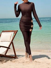Swim Shayni 女士優雅保守泳裝套裝，棕色圓領拉鍊上衣，百褶貼身設計，星星下擺細節，純色短褲，適合夏季海灘度假 - 咖啡棕 - 查看 4
