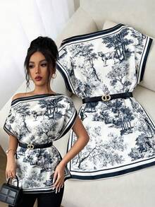 GlowEve Blus Wanita Modis dan Elegan dengan Motif Lukisan Tinta, Kerah Miring, Lengan Kelelawar, dan Longgar - MultiWarna - View 5