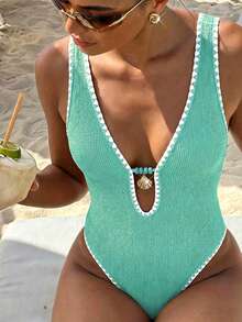 SHEIN Swim Swim Swim Lushoire 橙色纹理连体泳衣，饰有贝壳图案和撞色滚边，适合夏季海滩穿着 - 薄荷綠 - 查看 3
